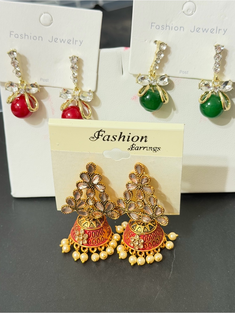Fashion Jewelry Red and Gold Jhumka Earrings with Pearl Drops Cristal
